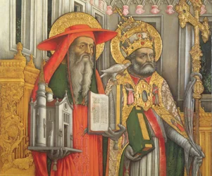 Saint Jérôme et Saint Grégoire, (détail) du panneau gauche de La Vierge en majesté avec les saints Jérôme, Grégoire, Ambroise et Augustin, 1446 (après restauration)